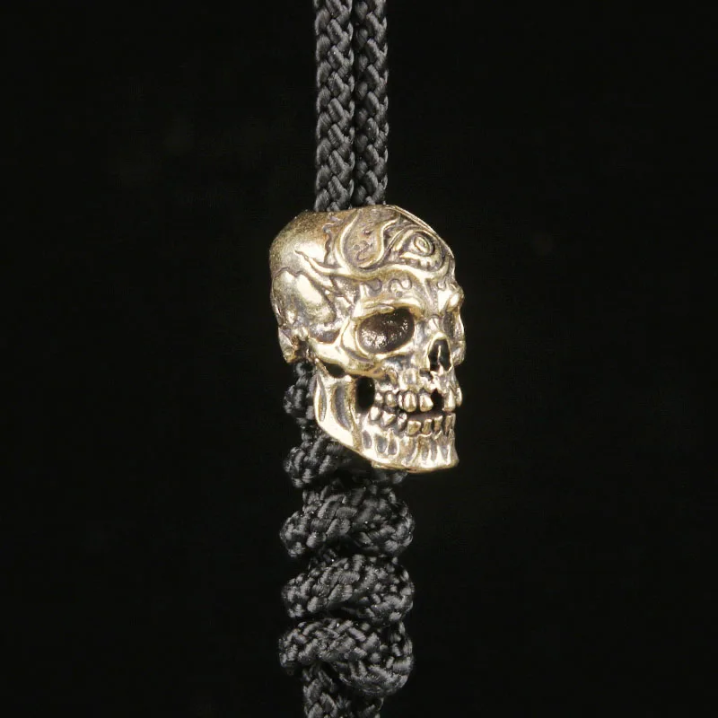 Brass Three-Eyed Skull Knife Bead EDC Paracord Pendant Handmade Skeleton Accessory Keychain Charm Spacer Bead Jewelry