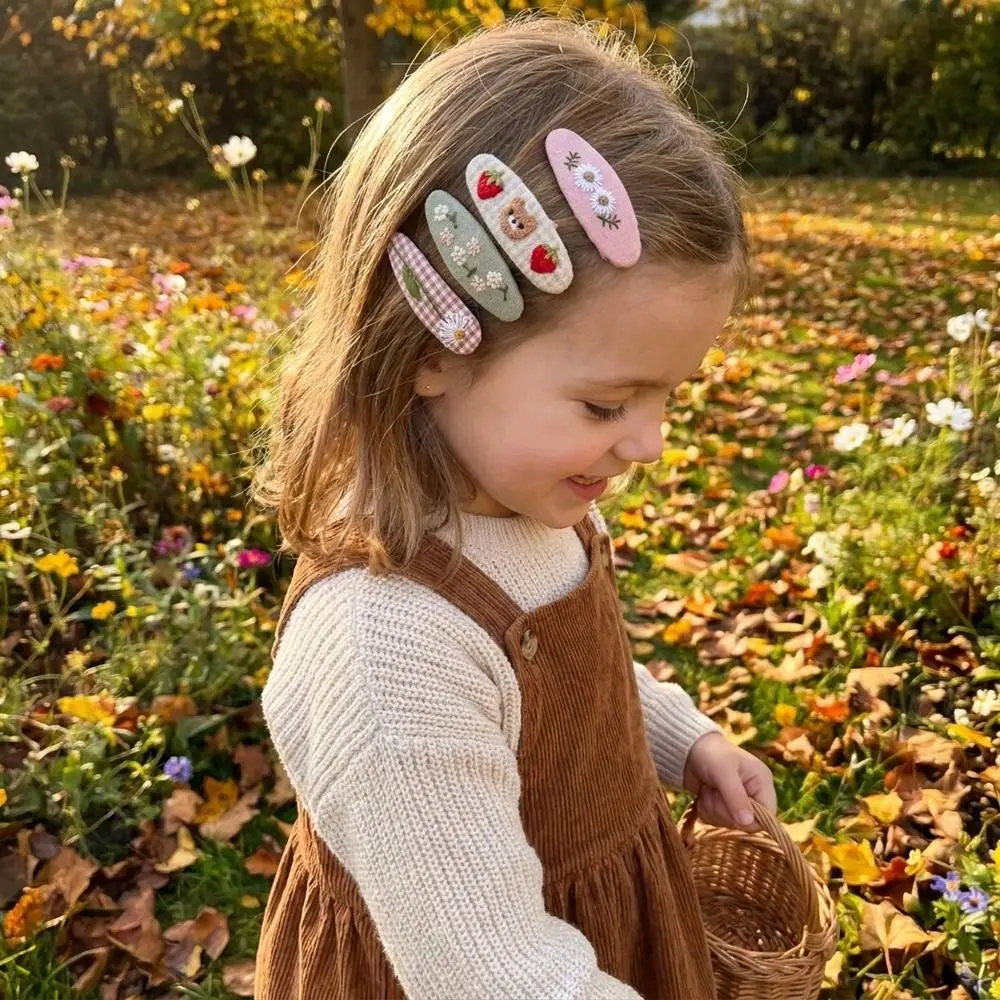 Elegant 2Pcs/set Fabric Embroidery Hair Clip Cute Plaid Floral Embroidered Hairpin Set Daisy Sweet Bangs Clips Party