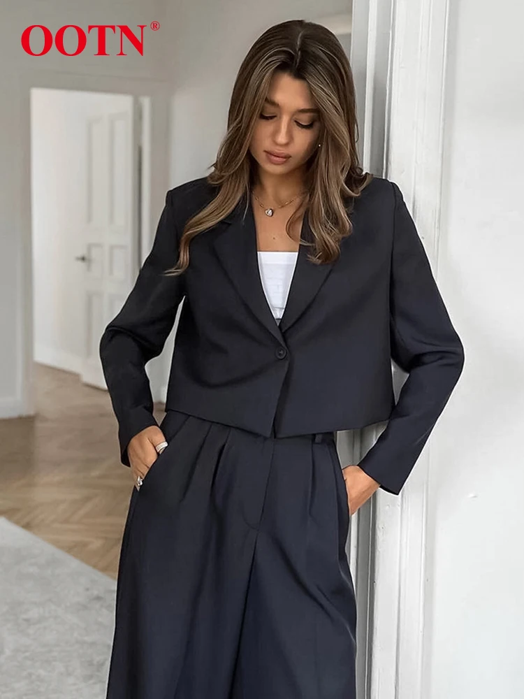 OOTN Dark Gray Notched Ladies Office Pants Sets Two Pieces Blazers Tops And Baggy Pants Business Casual Women Outfit Autumn 2024