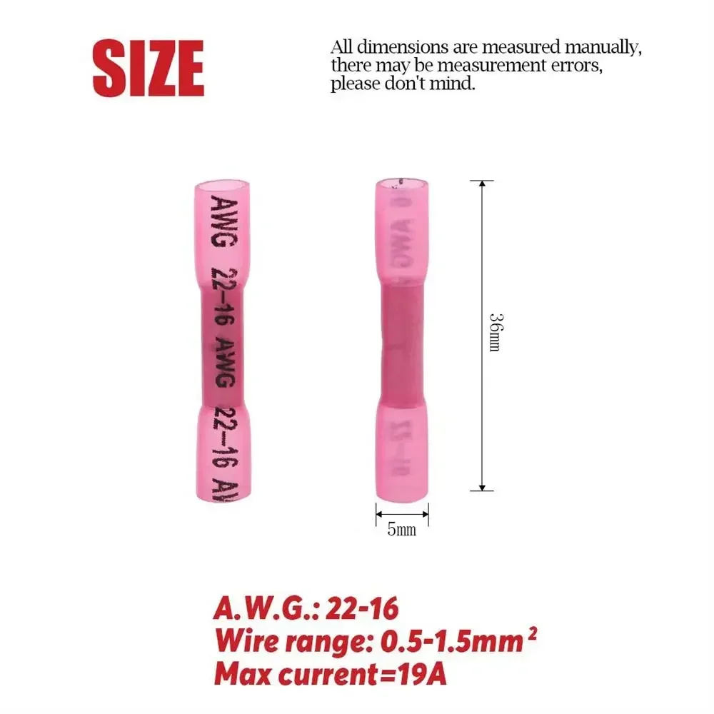 100pcs Connectors Heat Shrink Red Butt Crimp Terminals Waterproof Female Spade Connectors 22-16 Gauge Insulated Seal Wire