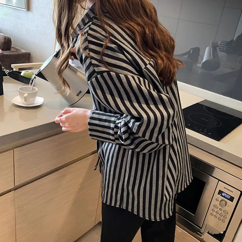 Striped Vintage Turn-down Collar Shirt for Female Fashion Spring Autumn Casual All-match Long Sleeve Single-breasted Blouse