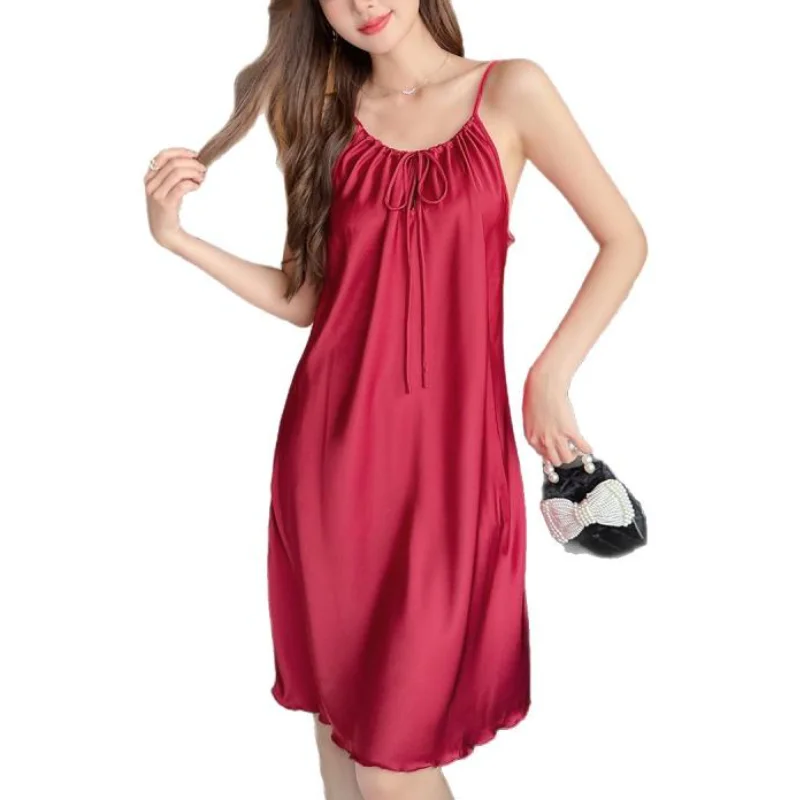 Women Sexy Satin Sleepwear Night Gown Sleeveless Bow Mid Length Elegant Home Wear Nightwear Daily Casual Home Clothes Nightie