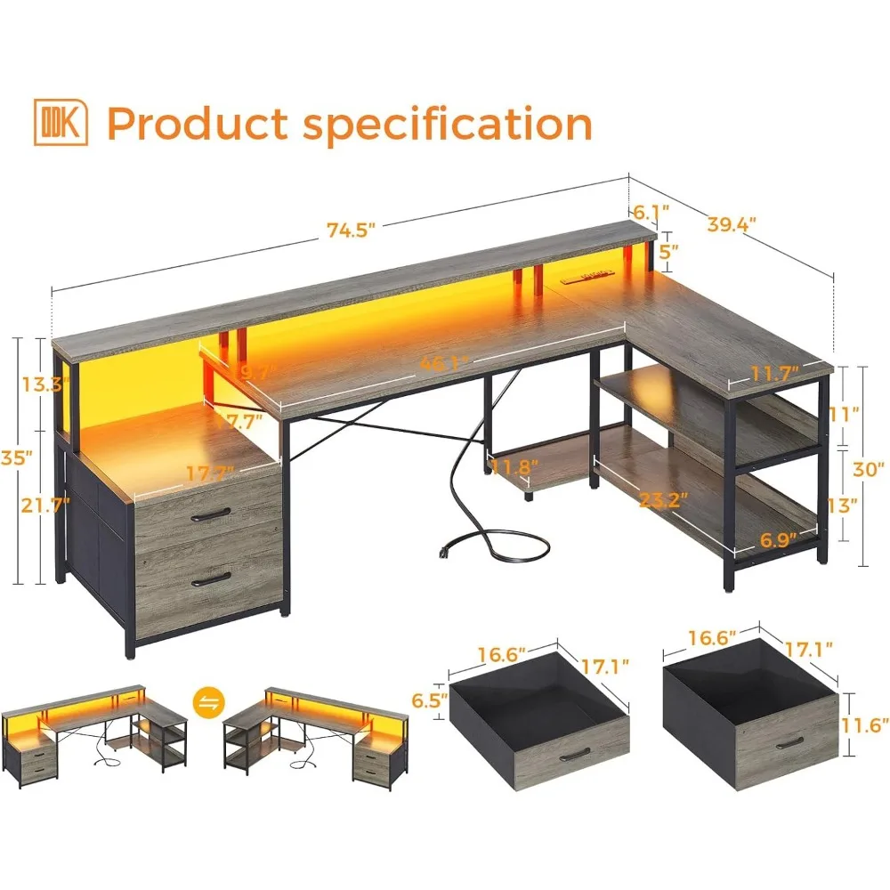 Study Desk, L Shaped Computer Desks with Power Outlet & LED Strip with Storage, Study Desk