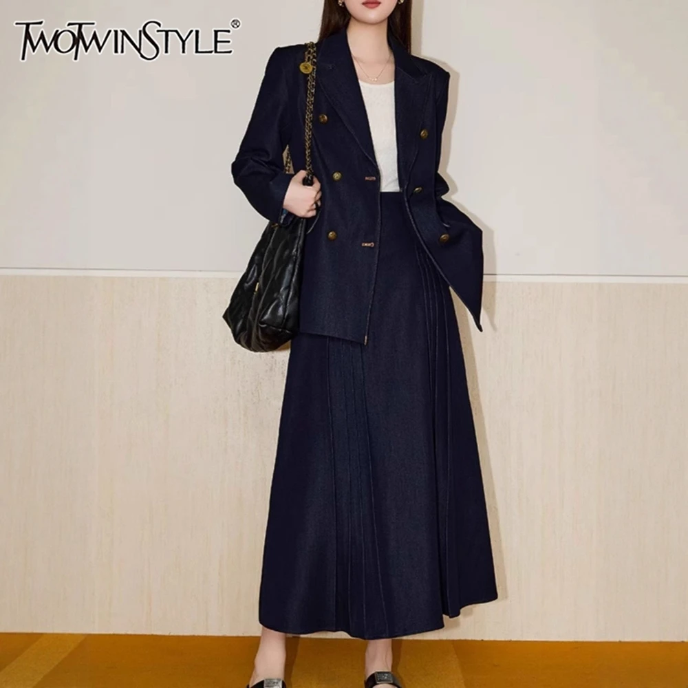 TWOTWINSTYLE Darkblue تقسم أزرار قطعتين مجموعة الإناث التلبيب كم طويل سترة الشارع الشهير الرجعية المرأة تنورة مجموعة الموضة #1