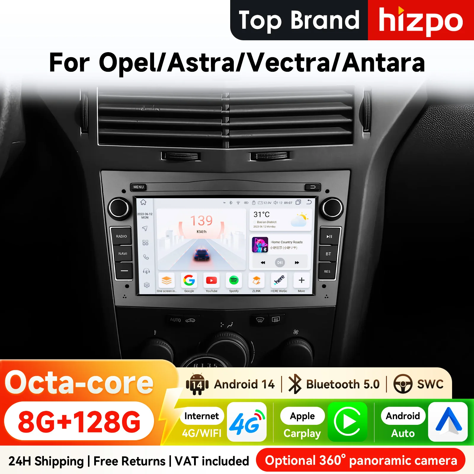 Autoradio Android Hizpo pour Opel Astra H G J Zafira B Corsa C D Antara Vectra Vivaro CarPlay SWC RDS DSP 4G BT WiFi Auto GPS Navi Écran 7 pouces