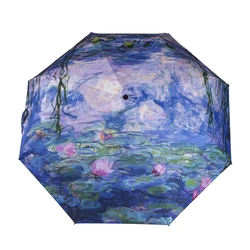 Automatic three fold umbrella, rain and wind resistant, travel sunshade, rain and shine dual purpose Monet