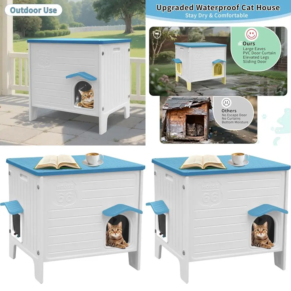 

Синяя средняя водонепроницаемая уличная будка для кошек с утеплением и люком для отступления для бездомных кошек