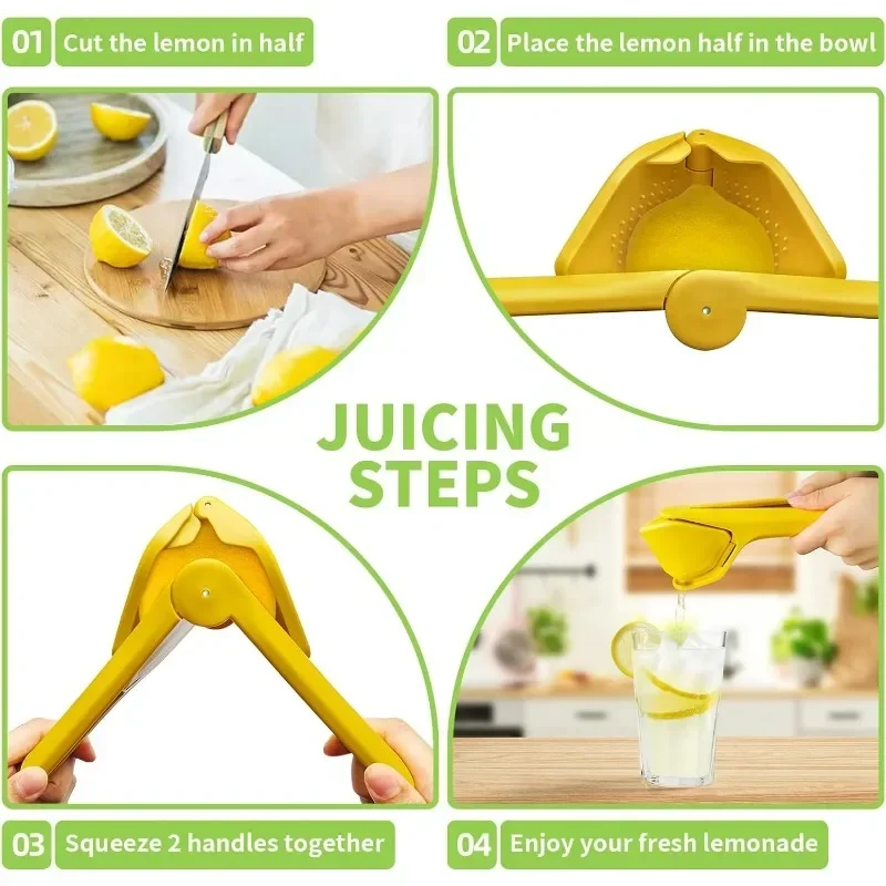 Max Juice Extraction Lemon Lime Squeezer EasytoUse Flat Lemon Squeezer with Leverage Squeezer with Built in Strainer Yellow