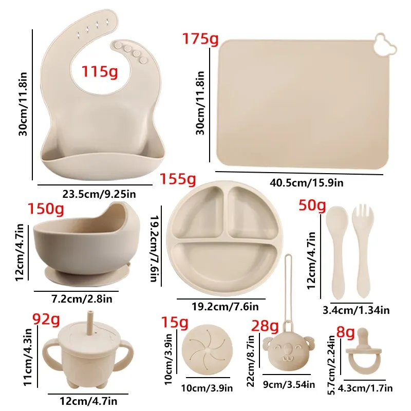 Ensemble d'alimentation pour bébé avec logo personnalisé, bol, assiette en silicone, polymères, paille, tasse à collation, cuillère, fourchette, britware pour garçons et filles, 10 pièces