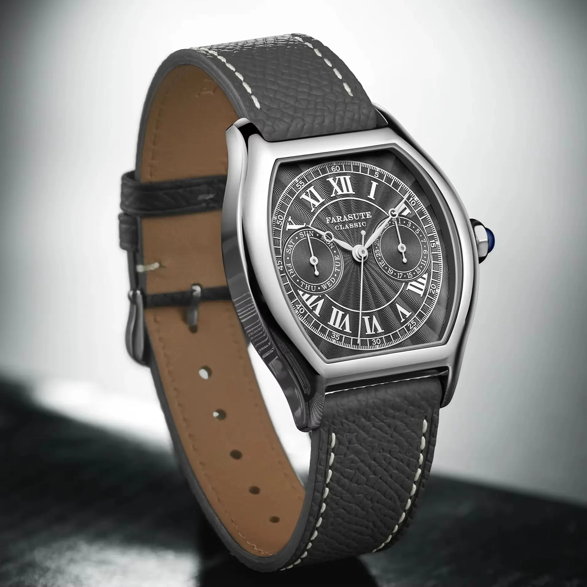 FARASUTE Men Automatic Watch 36mm Tonneau Jumping Hour Tonneau Mechanical Wristwatch Sapphire Mirror 5ATM Waterproof ST17