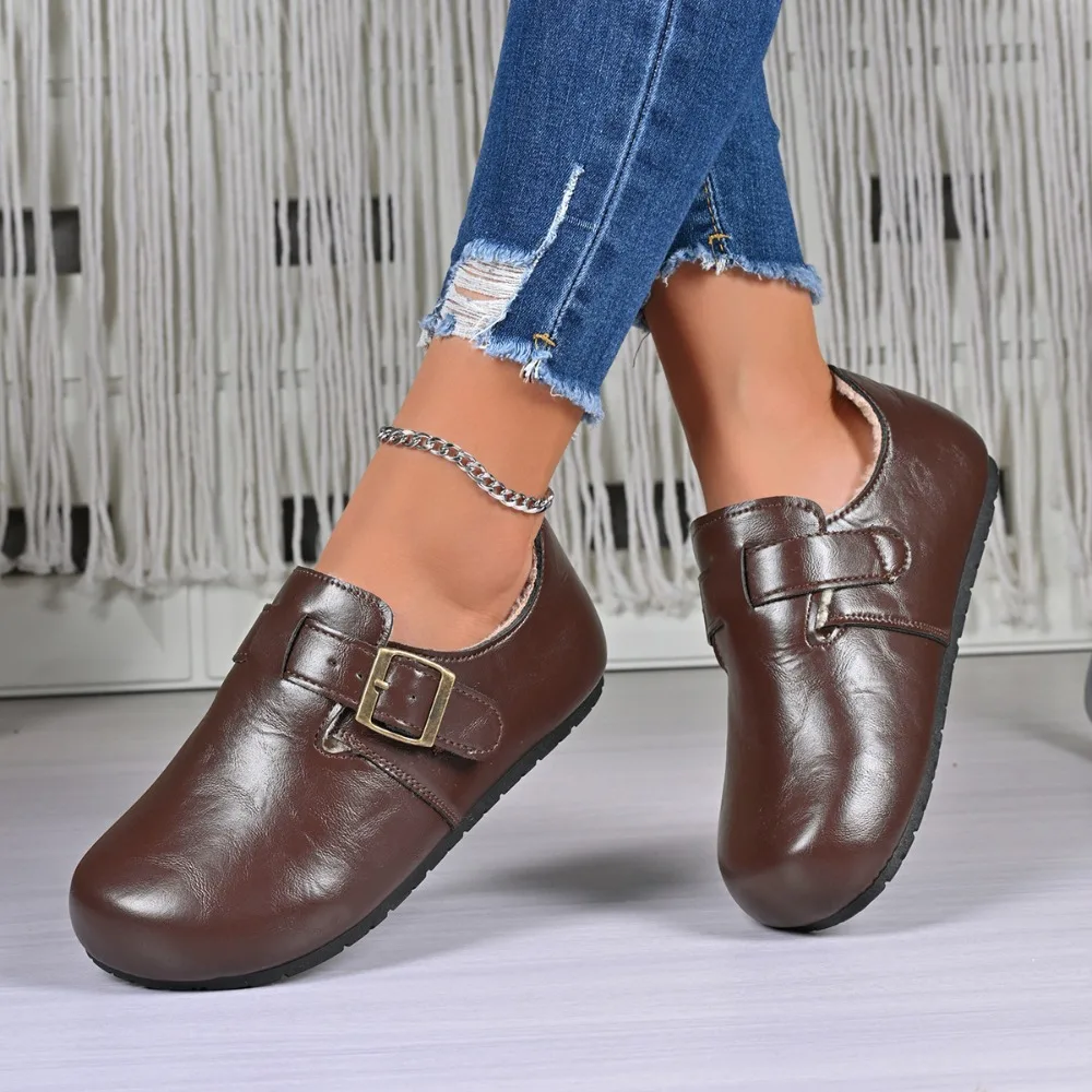 

Кожаные бархатные туфли женские, осень-зима 202, новые винтажные хлопковые туфли с пряжкой на ремне Mao Mao, универсальные повседневные туфли с 1 педалью