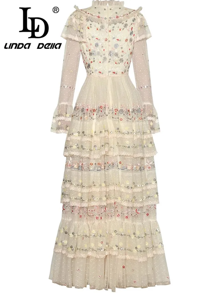 LD LINDA DELLA Vintage Autumn Winter Women's Dress Stand Collar Fashion Flare Sleeved Embroidery Design Ball Gown Dresses