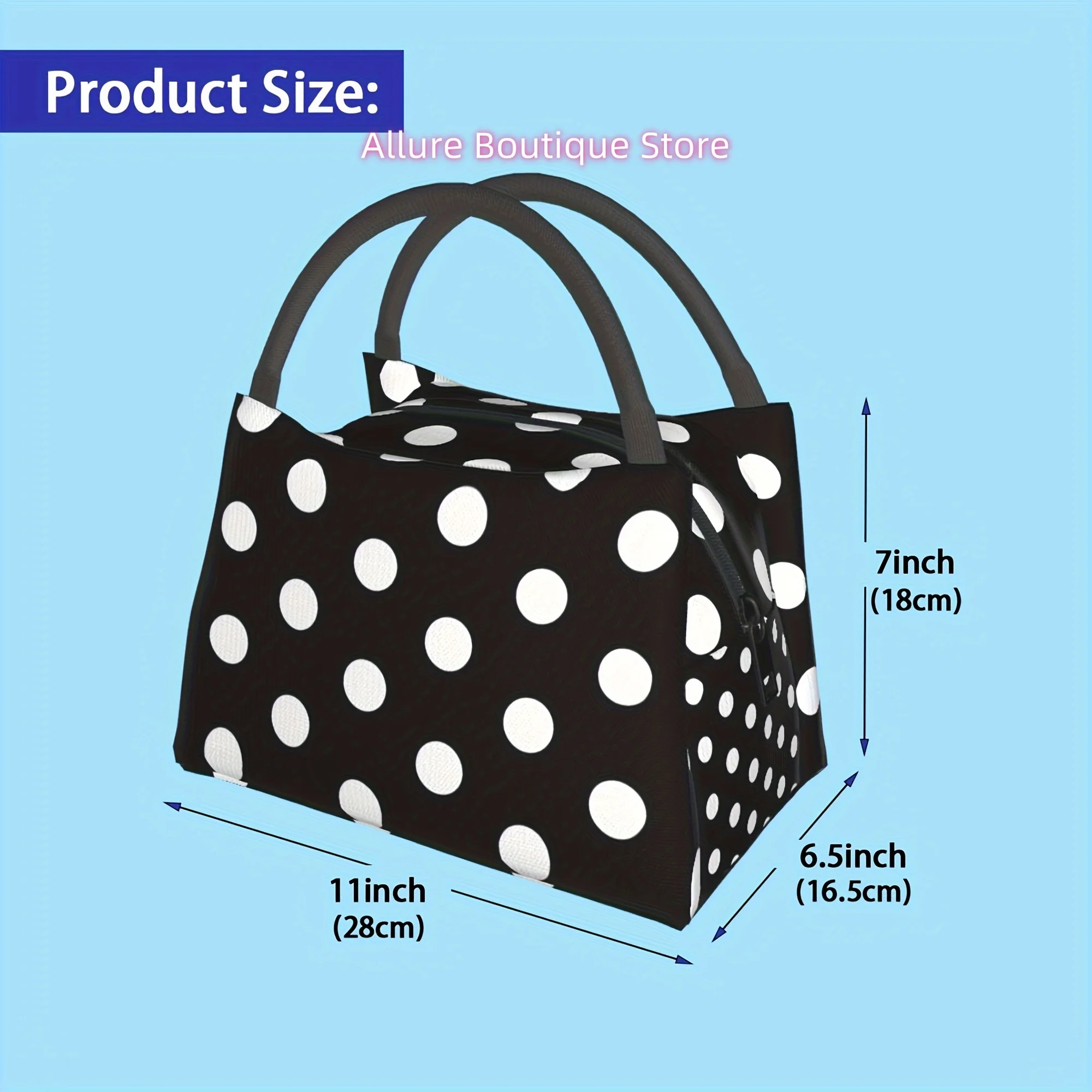 Black & White Polka Dot Insulated Lunch Bag – Reusable, High Quality Cooler Tote with Zipper Closure for Work, Travel, and Picni
