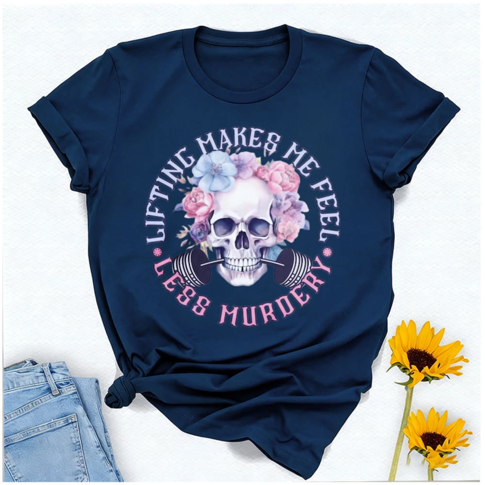 Lifting Makes Me Feel Less Murdery Skeleton Gym Pump Cover Funny Weightlifting Shirt Muscle Mommy Gift Trendy Fitness Adult Tee