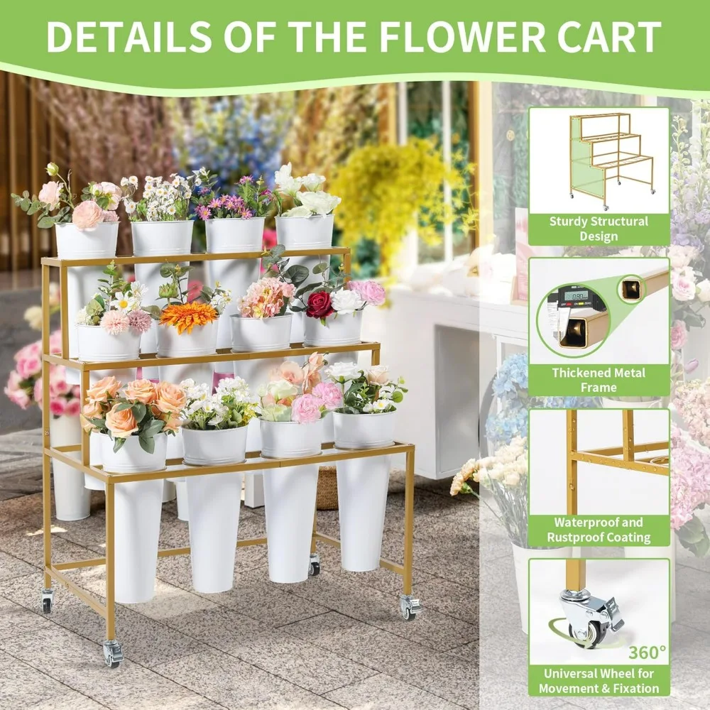 عربة زهور معدنية ثلاثية الطبقات مع 360 درجة ° عجلات دوارة وفرامل، دلو حديدي متضمن لعرض الزهور #3