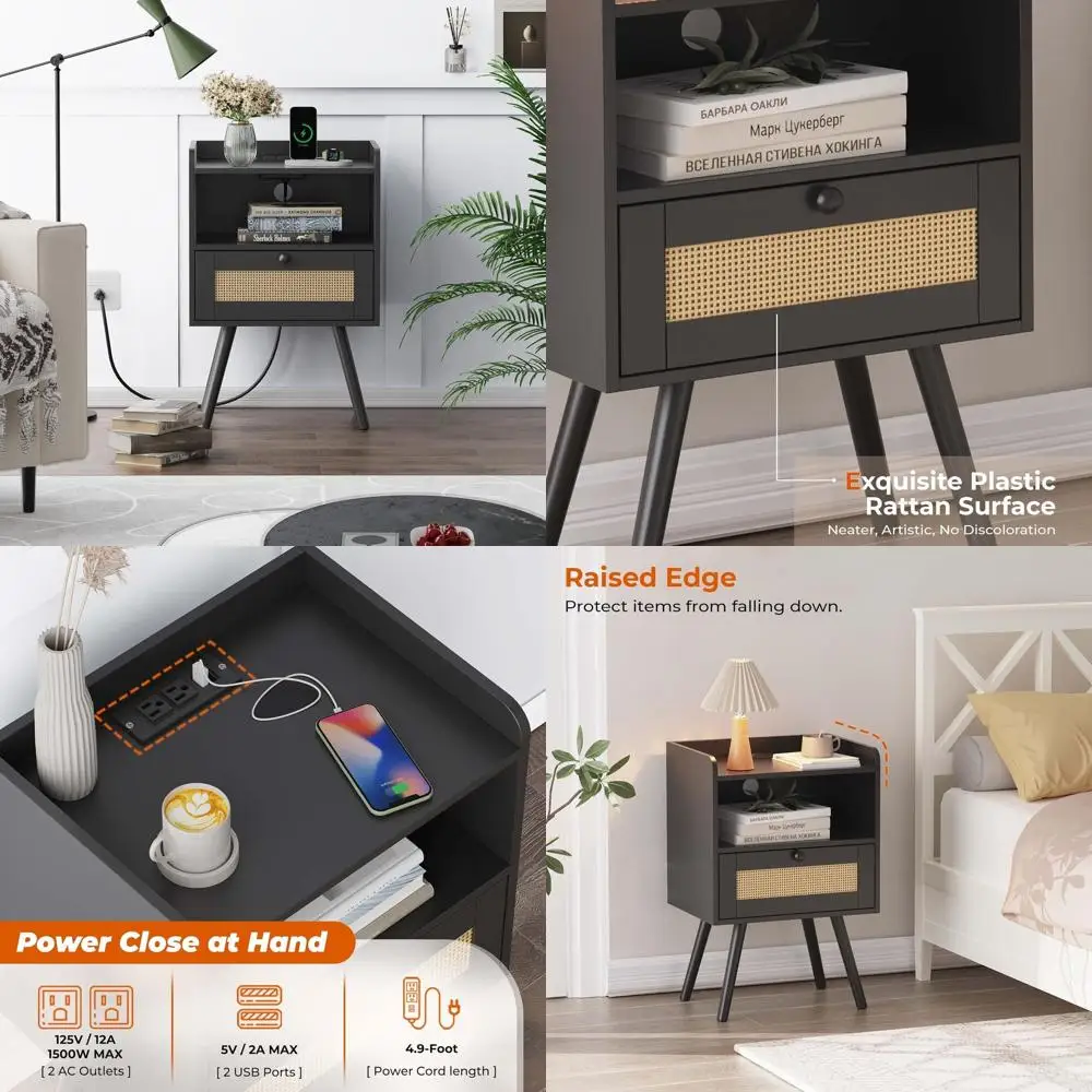 

Charging Station Nightstand with Rattan Style, Solid Wood End Table, Storage Side Table for Bedroom, Living Room, or Dorm - Blac