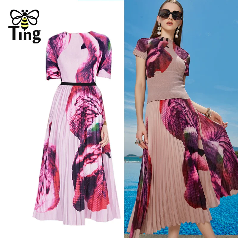 

Tingfly Vintage Elegant Floral Print Pullovers Top + Pleated Midi Long Skirts Fashion 2 Pcs Sets Casual Dresses Set Outfits New