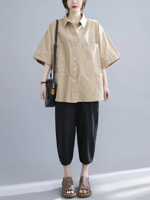 

Летняя новинка от люксового бренда: женская повседневная блузка свободного кроя больших размеров с одной пуговицей, коротким рукавом, художественным дизайном, однотонная.