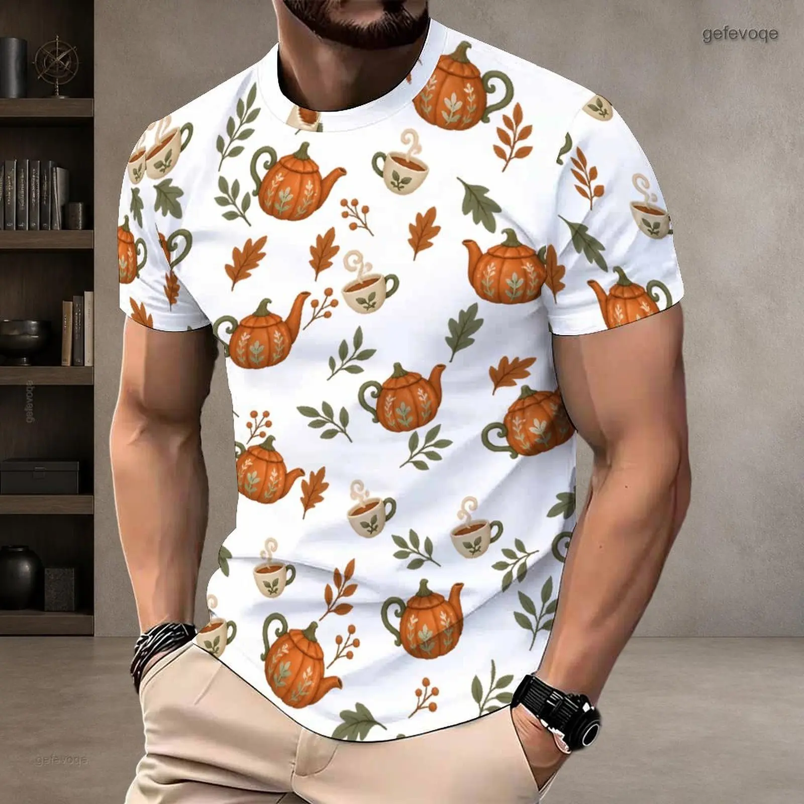 Men All Over Printed Umbrella Rain Boot Raindrop Pattern Round Neck Short Sleeve T-Shirt