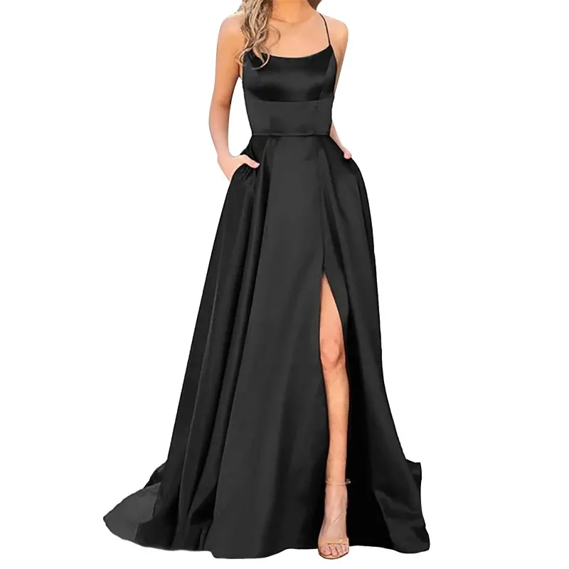 Women Gala Dress Pure Color Halter Off Shoulder A-Shaped Swing Long Skirt Banquet Party Elegant Front Fork Minimalist Dress 2025