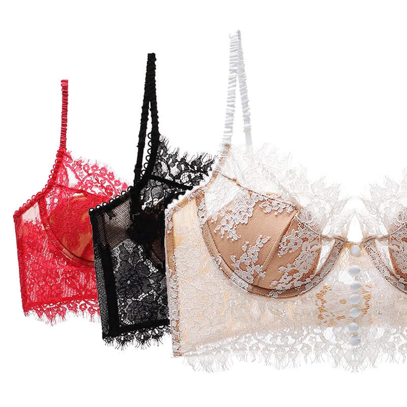 

KUCLUT White Underwear Top Sexy Eyelash Lace Bra Ultra-Thin Padded Underwire Push Up Bras For Women Embroidery Female Lingerie