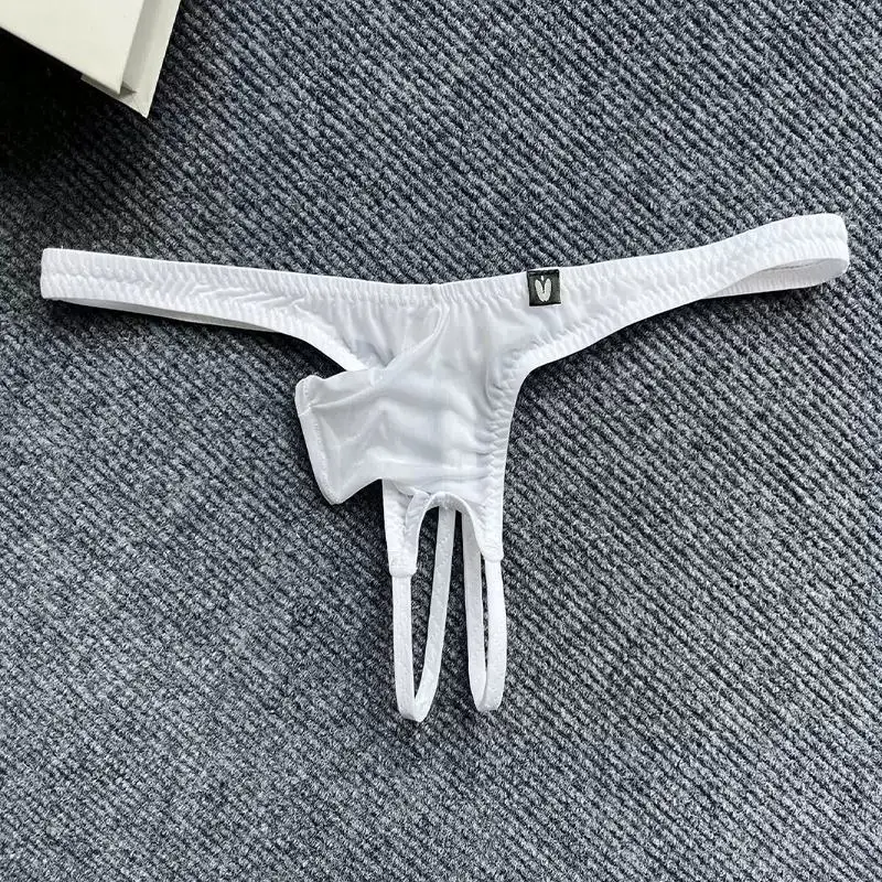 Men\'s Sexy Low Waisted Thong With Short Elephant Trunk Ice Silk Thin Cut Hollowed OutThin Straps Solid Color Underware
