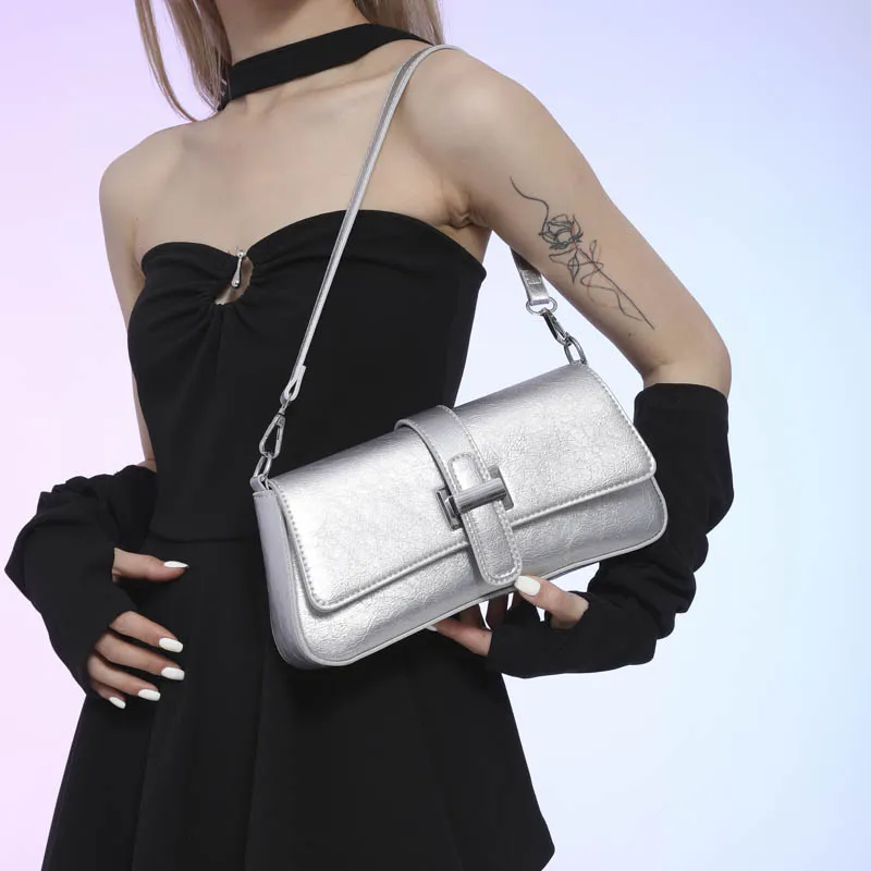 

French Style Underarm Shopper Purse Luxury Designer Handbag Silver Black Green PU Leather Shoulder Crossbody Bag Female Satchel