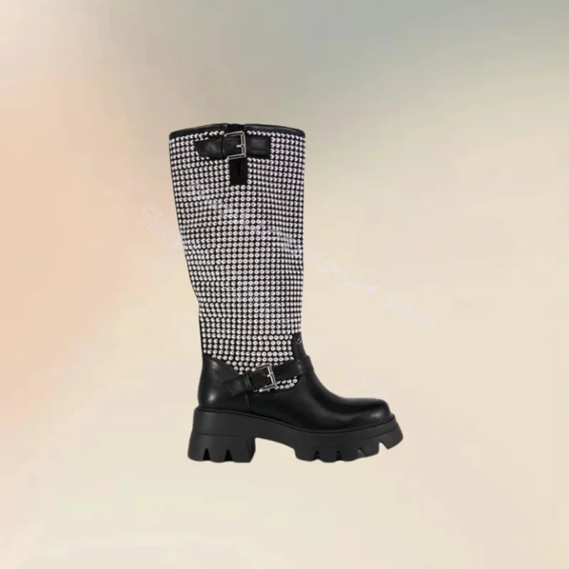Rhinestone Buckle Decor Black Wave Bottom Boots Slip On Women Shoes Chunky Heels Fashion Party Banquet 2025 Zapatos Para Mujere