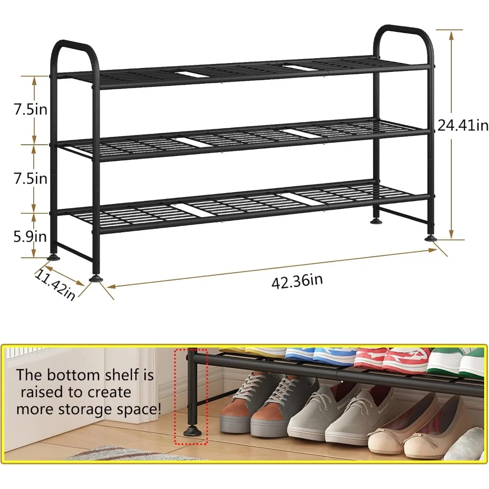 Shoe Rack 3 Tier Long Metal Shoe Organizer for Closet Entryway Black