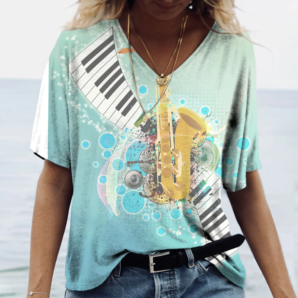 Music Piano Print Women\'s T Shirt V-neck Oversized Pullover Harajuku Clothing Fashion Short Sleeve Loose Tops Summer Basic Tees