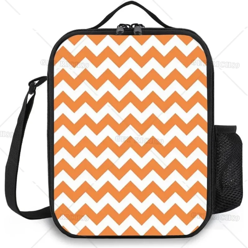 Sacola isolada da lancheira com bolso, durável e reutilizável, laranja e branco, adequado para viagem de trabalho, Chevron, homens e mulheres adultos