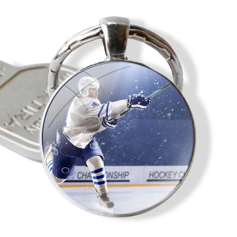 Keychain Handmade Glass Cabochon Key Ring Holder Pendant Key Chains Ice Hockey Ice Snow Sports Fashion Creative Cartoon Design