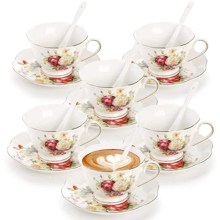 

Floral Tea Cup with Saucers and Spoons Set of 6 Coffee Cups and Saucers with Gold Trim 6 oz Porcelain Ivory Latte Cup and Espres