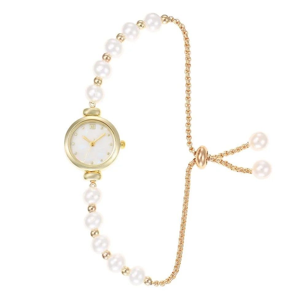 Round Dial Pearl Bracelet Watch Adjustable Drawstring Chain Minimalist Women Quartz Watch Roman Numeral Elegant Small Dial Watch