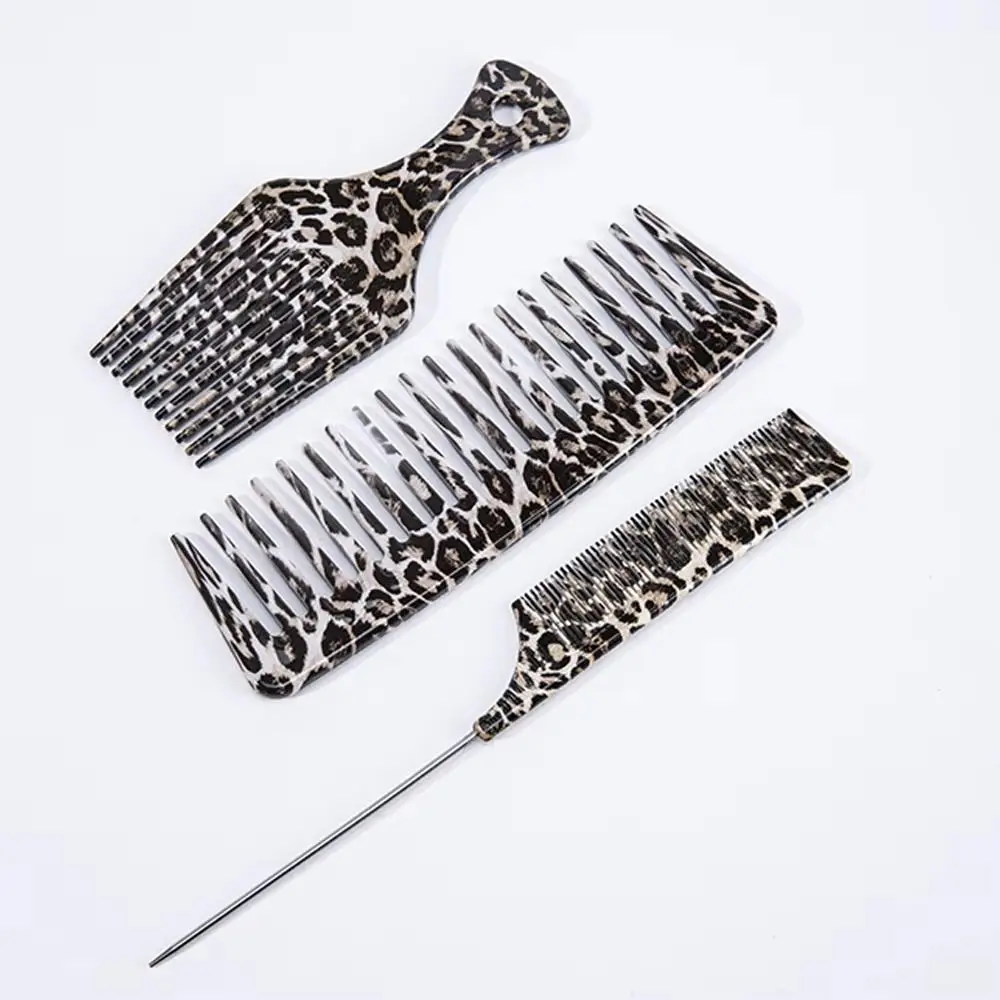 3Pcs Leopard Print Hair Styling Tools Set Dual-Ended Hook Wide Tooth Barber Comb Heat Resistant Pin Tail Comb Hair Pick Comb