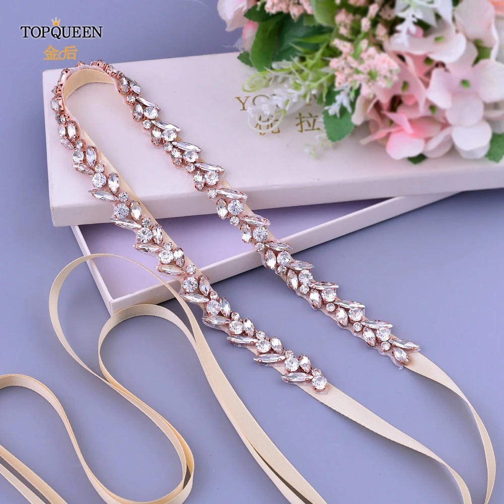 

TOPQUEEN S468-RG Rose Gold Rhinestone Belt Party Prom Women Dresses Sash Bridal Wedding Accessories Jewel Girdles Satin Ribbon