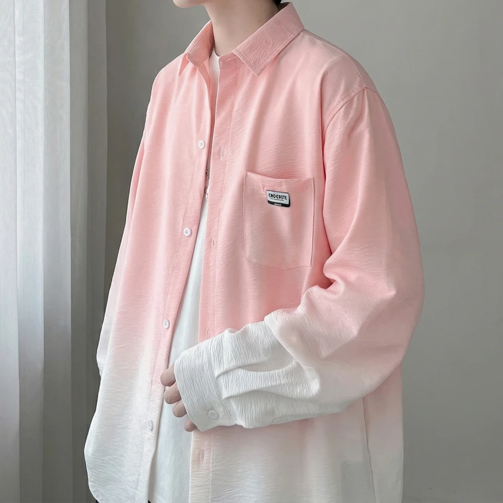 

Korean Sle Men's Long Sve irt Pink Pleated adual Color Artistic Loose Fit Outerwear Casual Sle Spring Season