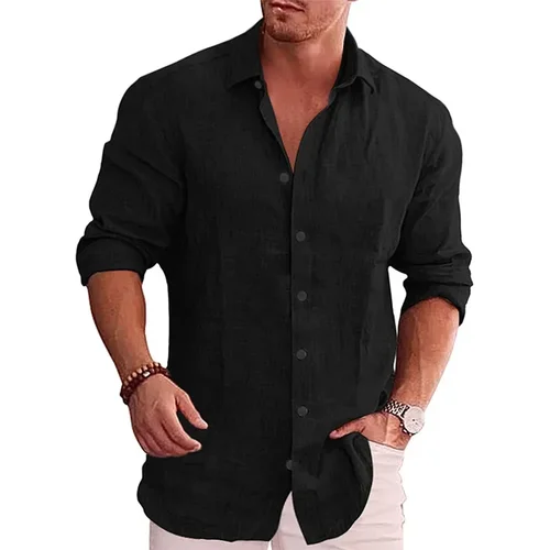 Imagen 2 del producto Nueva camisa de manga larga de otoño de lino y algodón para hombre, color sólido, versátil, informal, estilo resort, tops para hombre