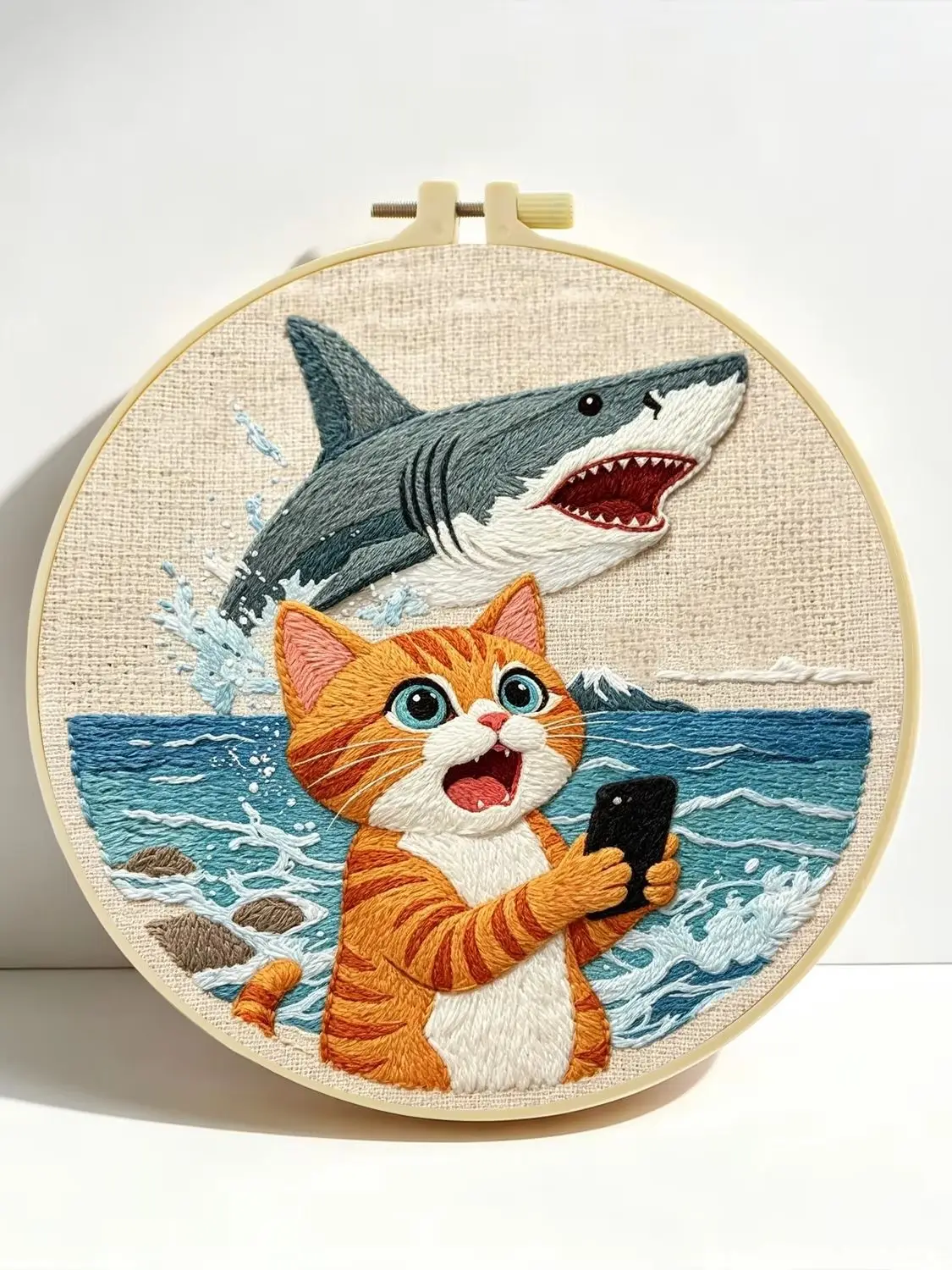 1 Set Katzen-Selfie-Hai DIY-Stickerei-Set für Anfänger, Stickerei-Starter-Kit, Kreuzstich-Kunstgeschenk, Handarbeits-Bastelset – Detail 1