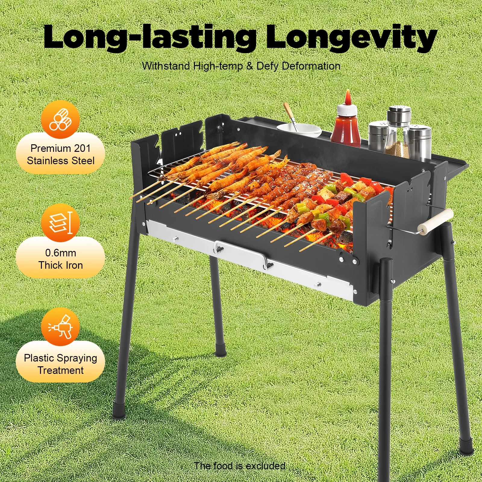 Folding Charcoal BBQ Grill – 3-Level Adjustable Height, 201 Stainless Steel, Portable Outdoor Camping for 3-8 People – Black