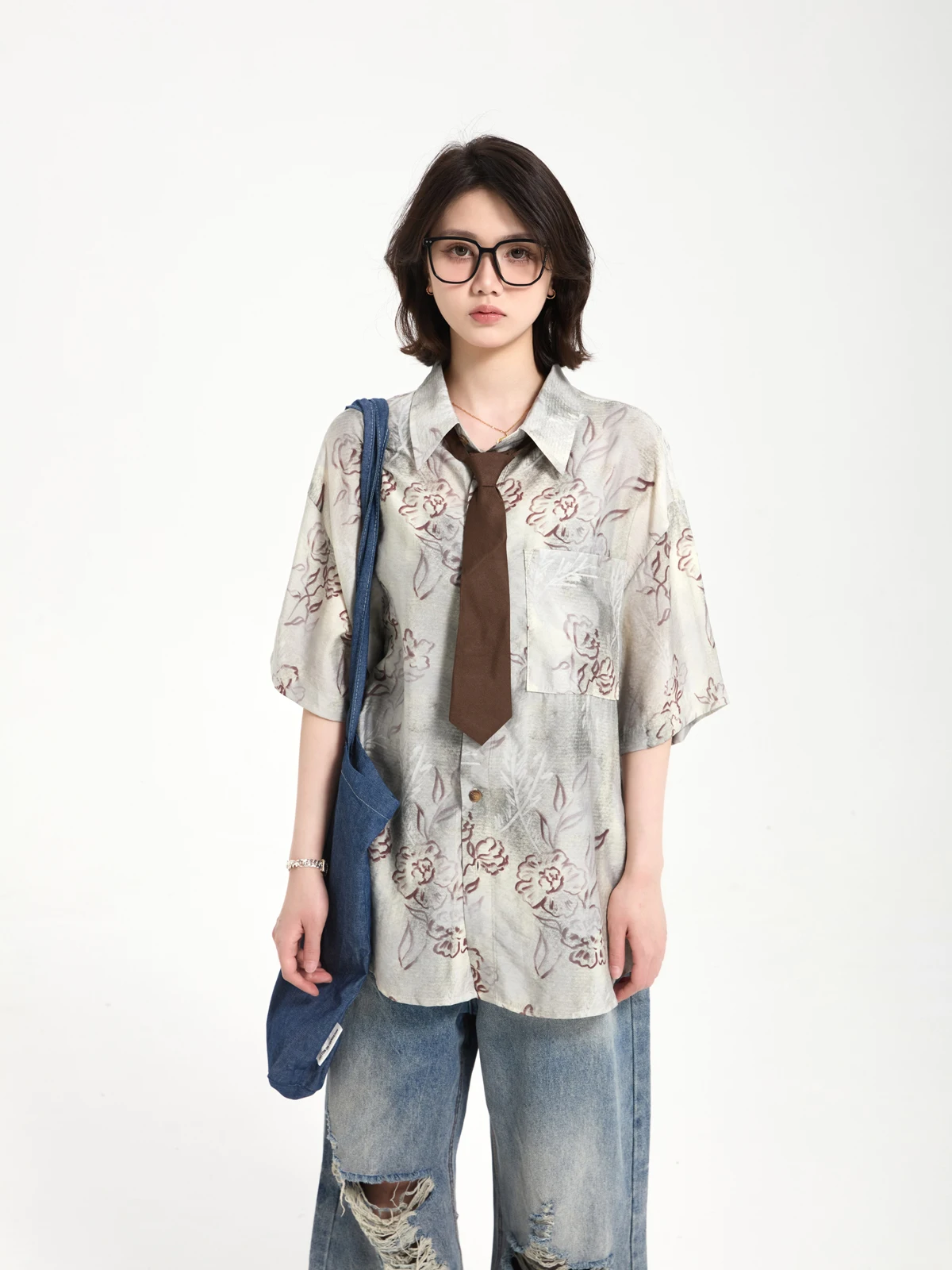 

7KEEWEN Summer American Retro Loose fiti Print Casual ort Sve irt Women's Street Sle Loose Fit Ne Top