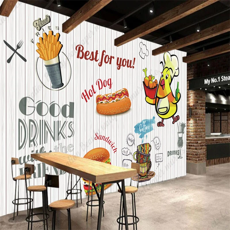 Hand Painted Fast-food Burger Fried Chicken Wallpaper Industrial Decor Mural Snack Bar Restaurant Wall Paper Papel De Parede