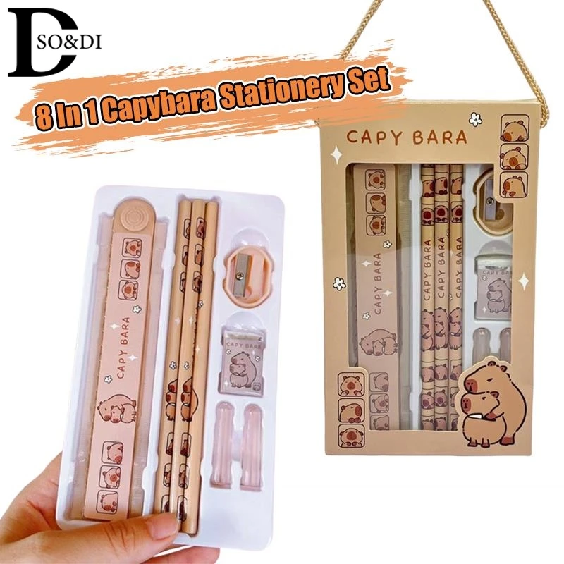 8-In-1 Capybara Cartoon Animal Pencil Ruler Eraser Sharpener Stationery Kit Student School Office Writing Supplies Kids Gift