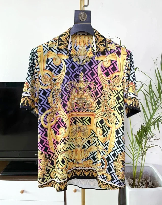 

Luxury Royal Shirts for Men Clothing Letter Floral Desiger Digital Printing Short Sleeve Shirts Camisas Social Masculina De Luxo