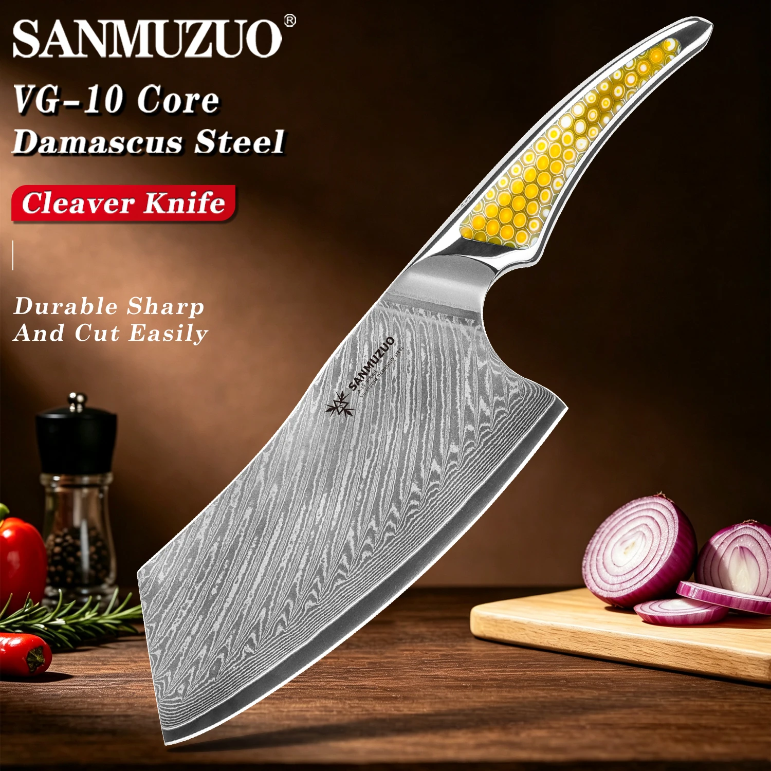 SANMUZUO 7 Inch Chinese Cleaver - 67 Layers Damascus VG10 Steel Chef Knife with Resin Handle - Sharp Kitchen Knife for Cutting Meat Fruit Vegetables - LAS9 Series