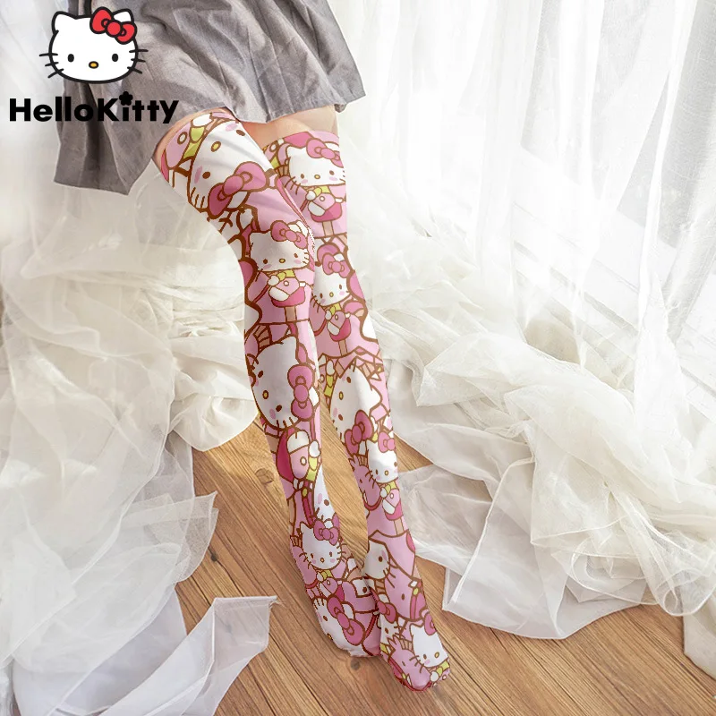 Sanrio Hello Kitty Print Y2k Japanese Style Silk Stockings Thin Style Spring Summer Women Lolita Cute Cartoon Knee Length Socks