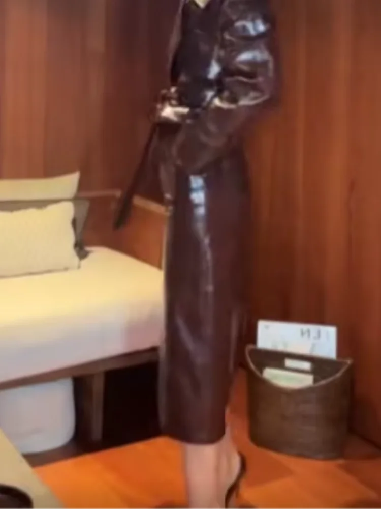 Costume de rue en cuir PU pour femmes, élégant, ceinture à revers, veste courte, jupes longues et Slim, ensemble d'automne 2025, nouveaux ensembles assortis