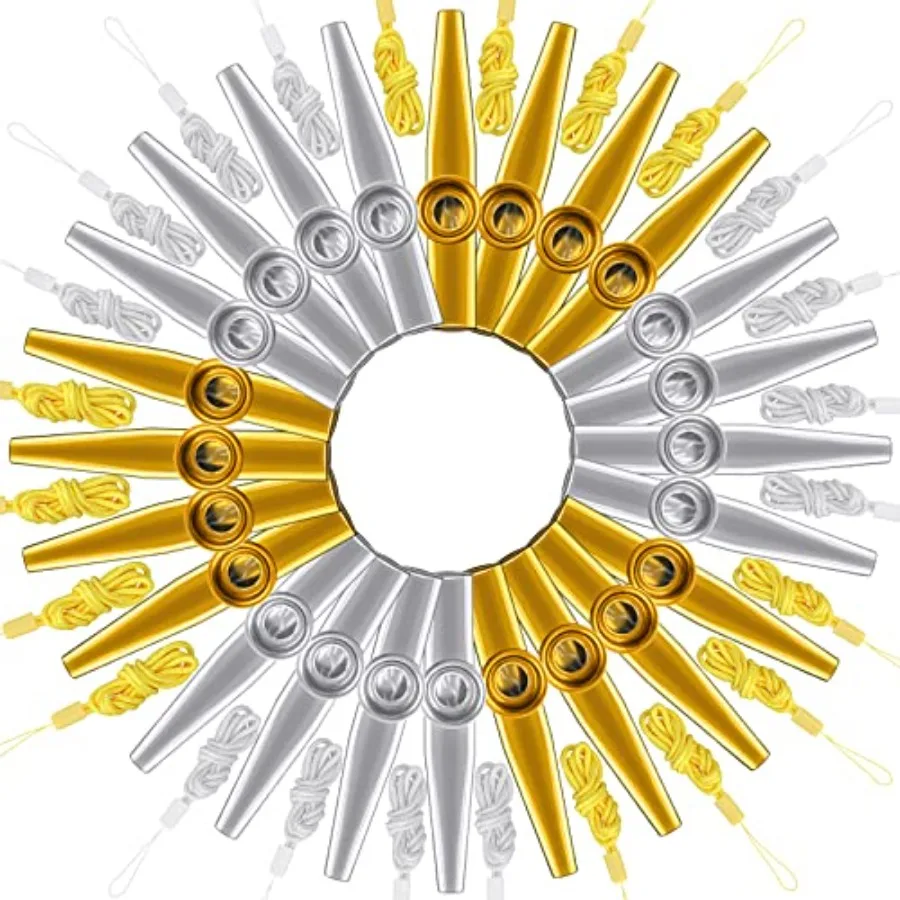24 Pcs Gold and Silver Metal Kazoo with Lanyards Musical Instruments Mouth Kazoos Good Companion for Guitar Violin Piano Adults