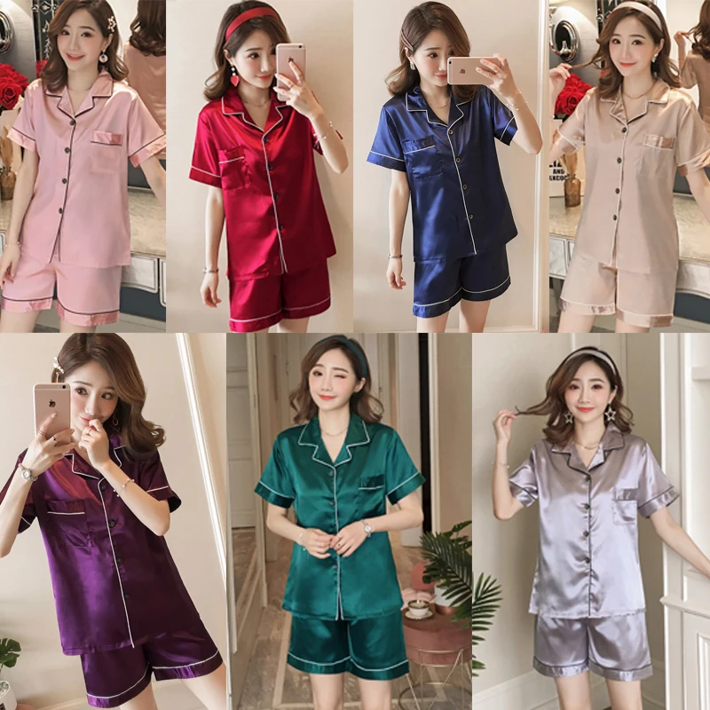 Womens Silk Satin Pajamas Pyjamas Set short Sleeve Sleepwear Pijama Pajamas Suit Female Sleep Two Piece Set Loungewear 4XL 5XL