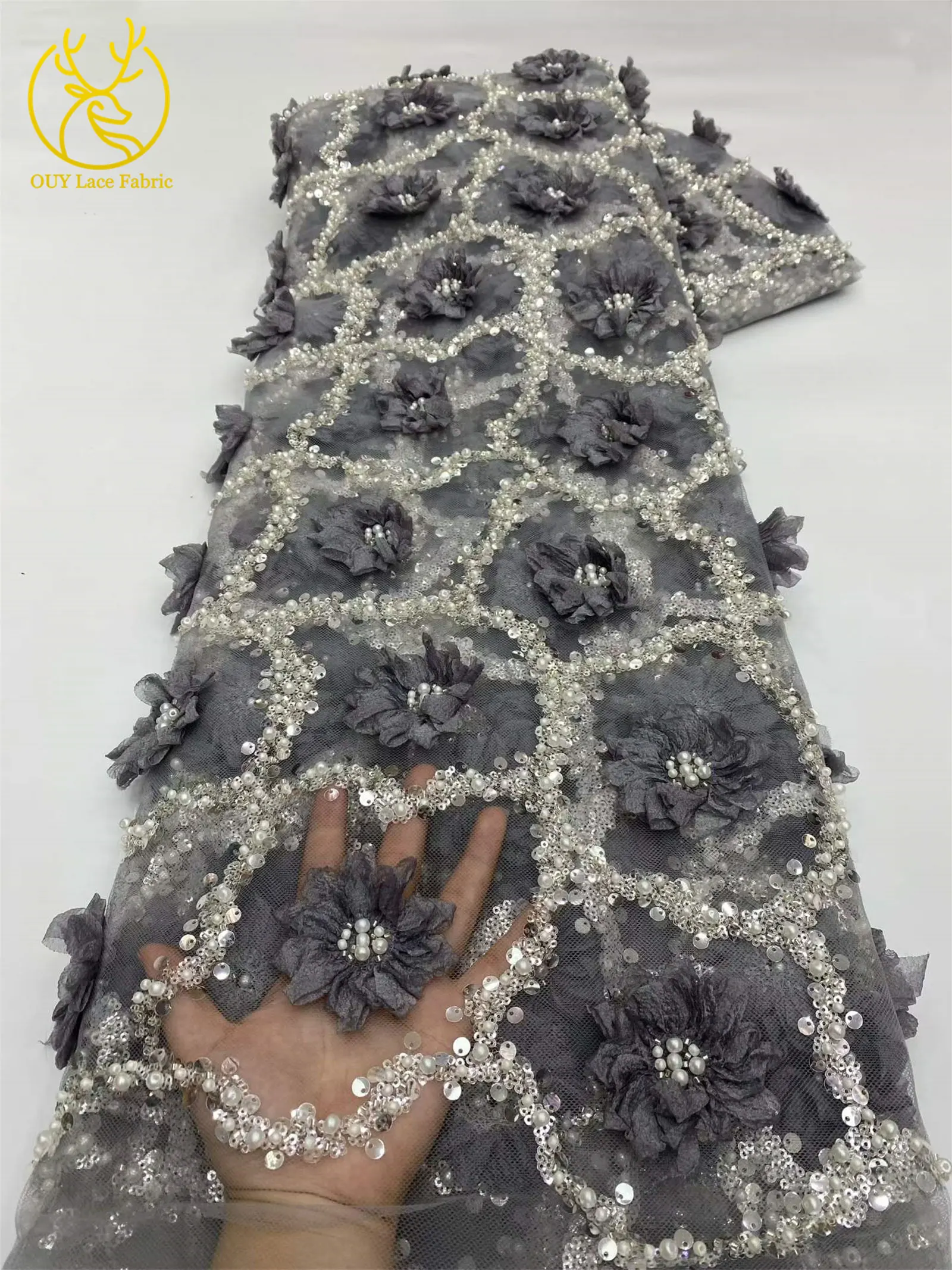 Elegantes Abendkleid 3D-Blumen-Spitzenstoff Afrikanischer Pailletten-Perlen-Spitzenstoff Hochwertiger Nigerianischer Französischer Tüll-Spitzenstoff – Detail 19